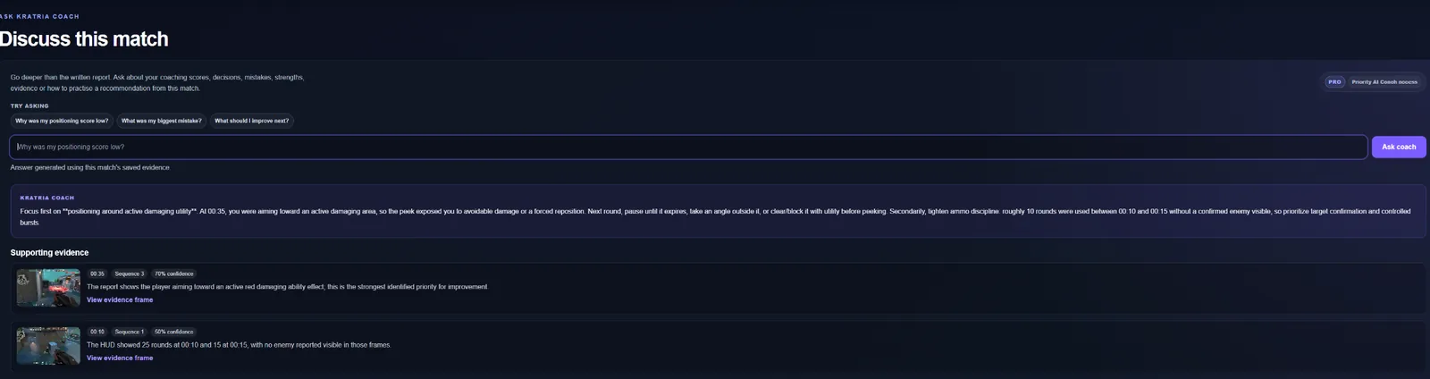 AI Coach discussing a VALORANT match using supporting gameplay evidence
