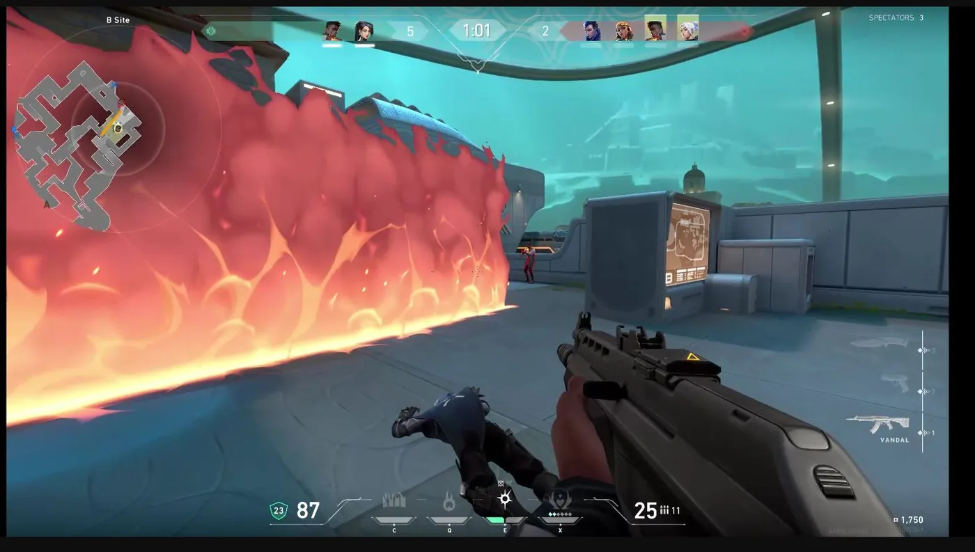 VALORANT gameplay frame showing active damaging utility during an analysed moment